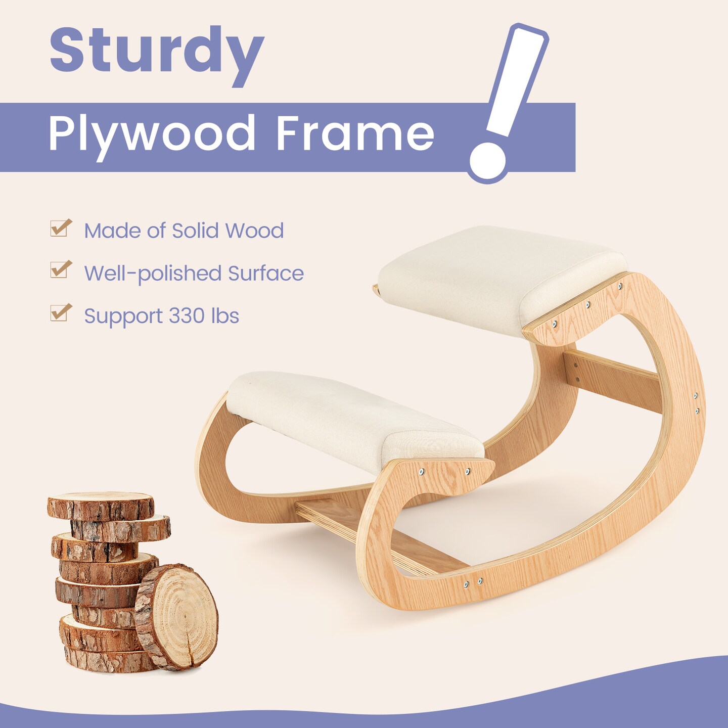 Wooden Rocking Chair With Comfortable Padded Seat Cushion And Knee Support