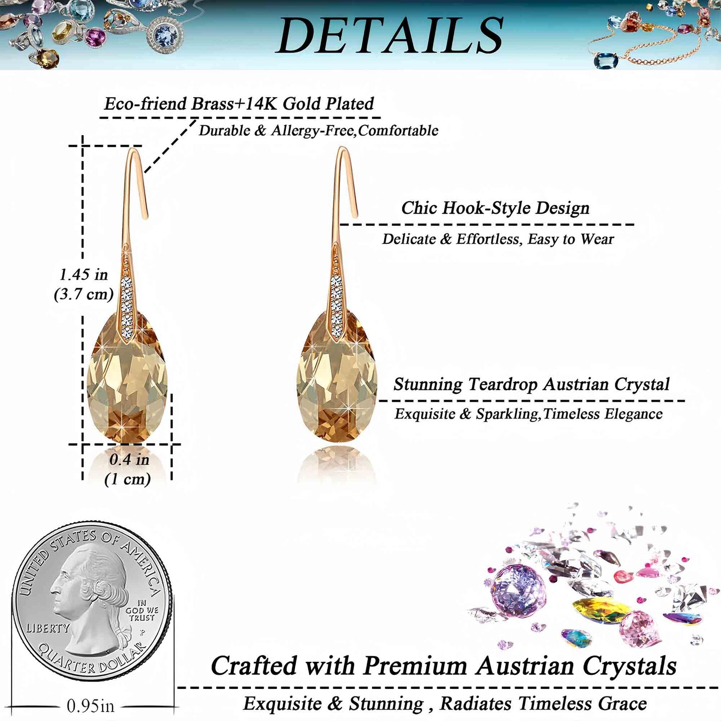 Crystal Teardrop Dangle Earrings for Women Drop Hook Earring 14K Rose Gold Plated Hypoallergenic Jewelry (Light Topaz)