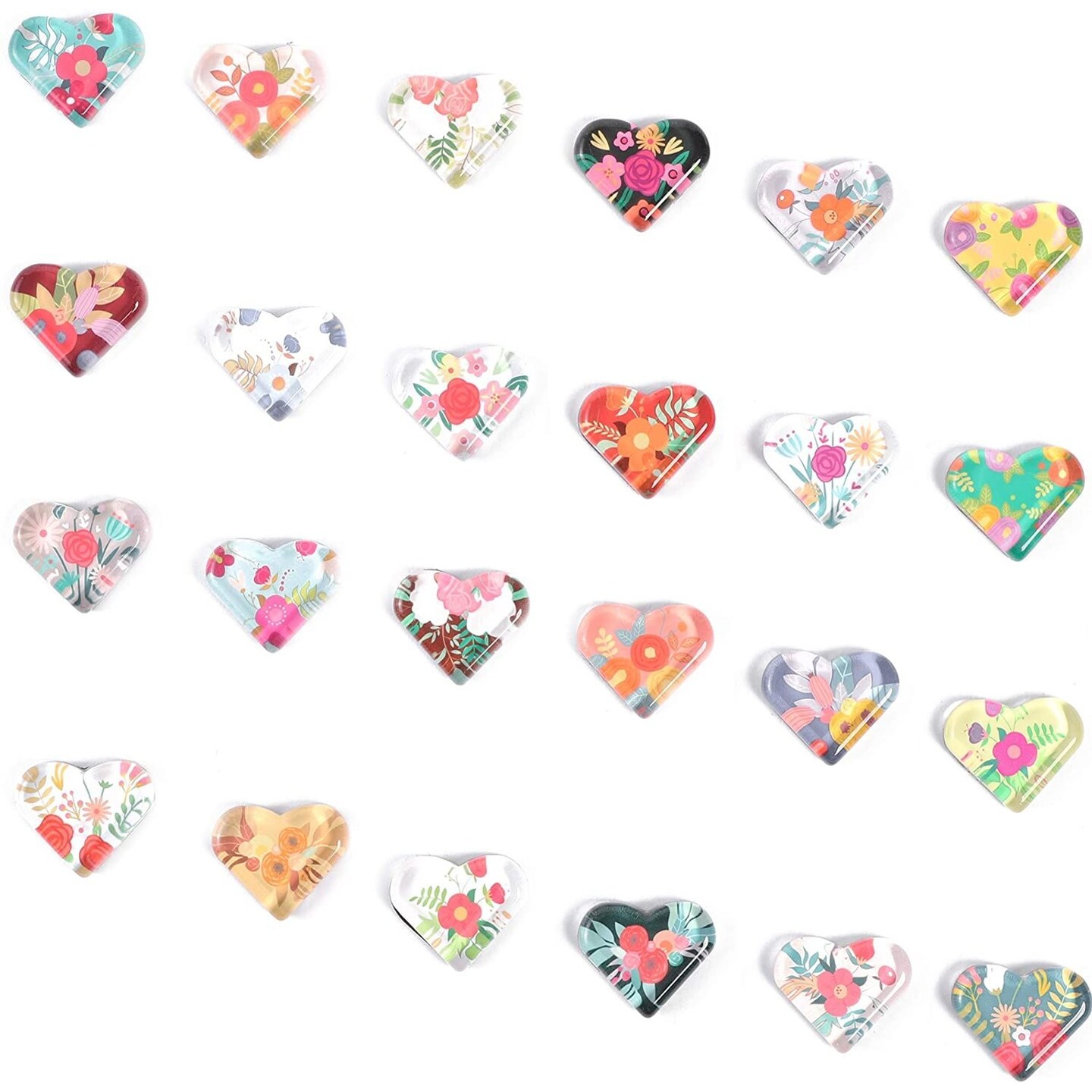 Floral Heart Shaped Glass Fridge Magnets (24 Pack)