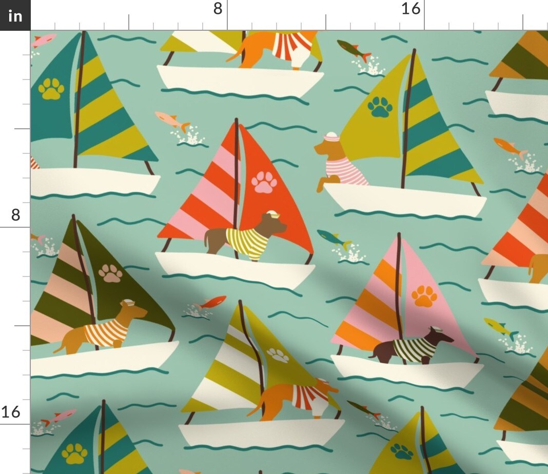Beach Dogs Coastal Sailboat Whimsical Sailors Aqua Coral Custom Printed Fabric by Spoonflower Various Fabrics by the Yard or Fat Quarter