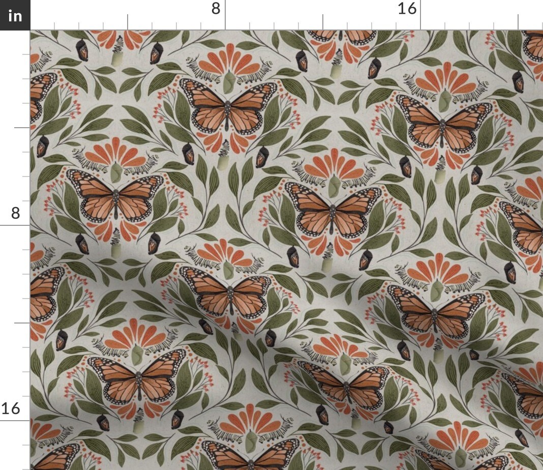 Nature Garden Insect Monarch Butterfly Art Nouveau Victorian Dark Academia Custom Printed Fabric by Spoonflower Various Fabrics by the Yard or Fat Quarter