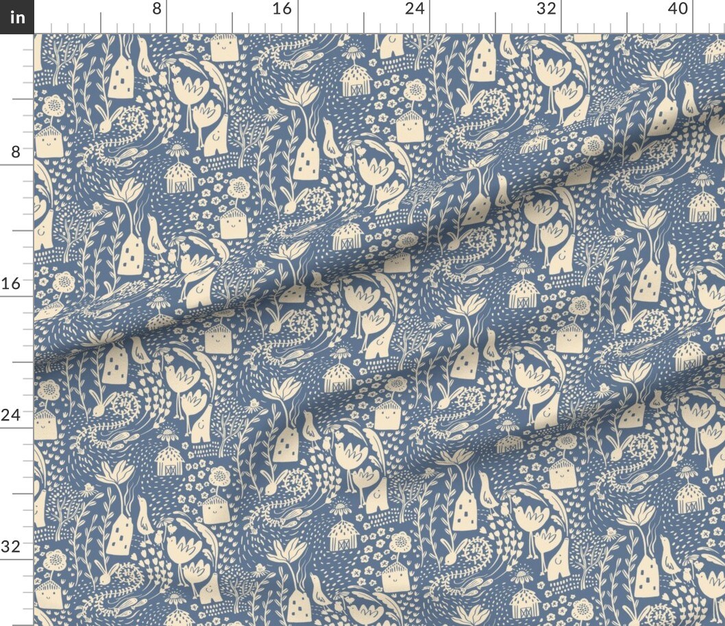 Whimsical Folk Art Blue Cream Bird Floral Shabby Chic Large Scale Custom Printed Fabric by Spoonflower Various Fabrics by the Yard or Fat Quarter