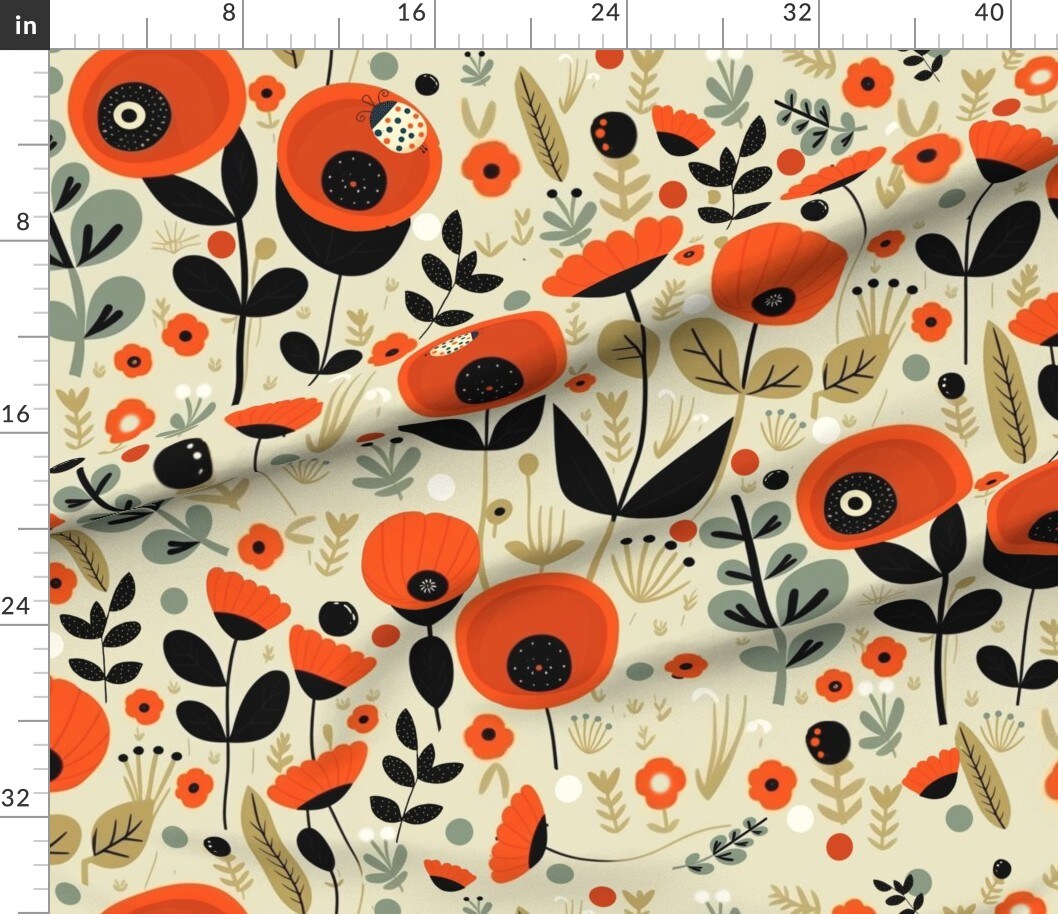 Mid Century Floral Retro Orange Atomic Botanical 1950S 1960S Look Custom Printed Fabric by Spoonflower Various Fabrics by the Yard or Fat Quarter