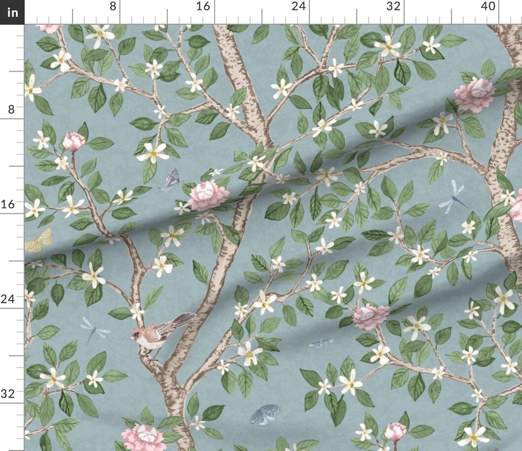 Botanical Nature Floral Blue Spring Bird Large Scale Art Nouveau Custom Printed Fabric by Spoonflower Various Fabrics by the Yard or Fat Quarter