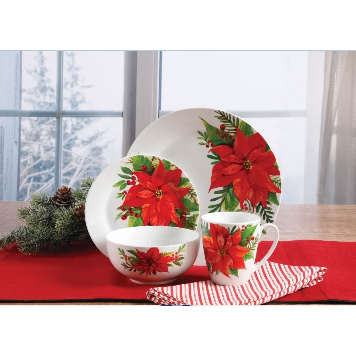 Gibson Magic Poinsettia 16-Piece Dinnerware Set - Red Floral-