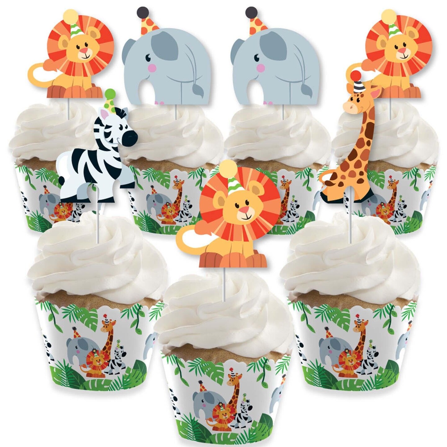 Big Dot of Happiness Jungle Party Animals - Cupcake Decor - Safari Animal Birthday Party or Baby Shower Cupcake Wrappers &#x26; Treat Picks Kit - Set of 24