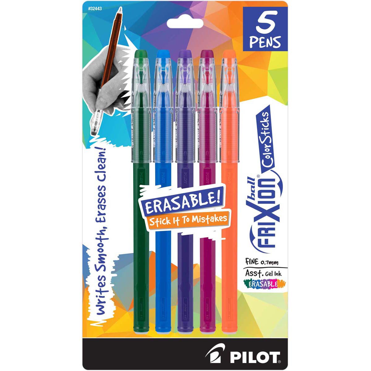 Pilot FriXion Ball Color Sticks Erasable Gel Pens 5/Pkg-Green, Blue, Purple, Magenta & Orange