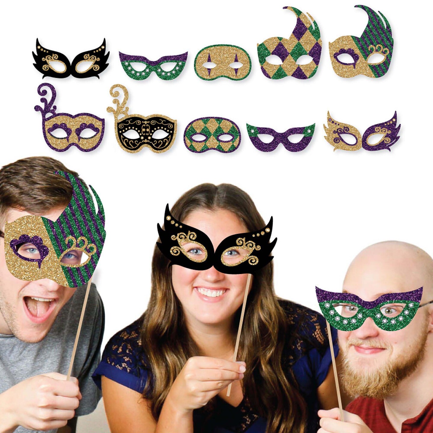 Big Dot of Happiness Mardi Gras Masks &#x26; Glasses - Paper Card Stock Masquerade Party Photo Booth Props Kit - 10 Count
