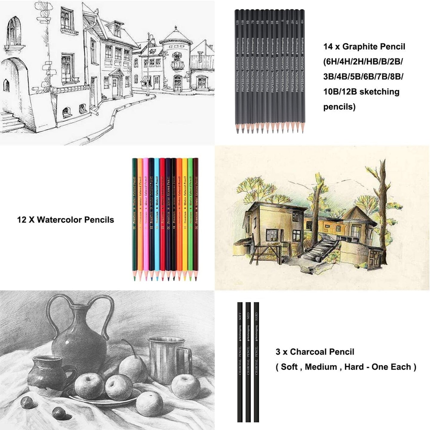 39 Pieces Sketching Pencil Set Drawing Pen Charcoal Sketch Kit Cover Graphite Pencils Charcoal Pencils Watercolor Pencils Paper Erasable Pen Beginners Artist Children and Adults(Art Supplies)