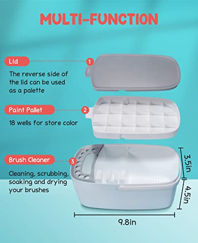 Paint Brush Cleaner - Paint Brush Holder with Palette and Handle, Paint Brush Rinser for Acrylic, Watercolor, and Water-Based Paints, Painting Art Supply Storage Organizer (White+Grey)