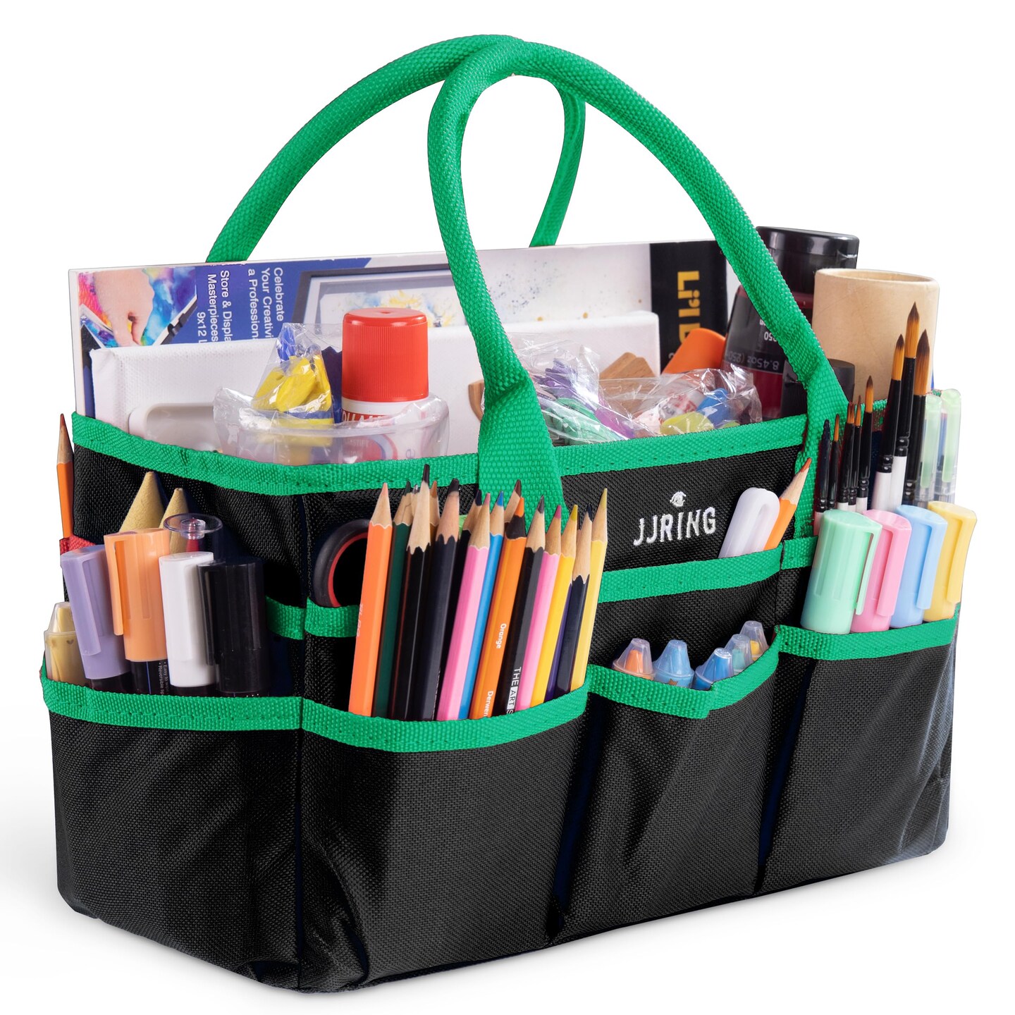 JJRING Craft and Art Organizer Tote Bag - 600D Green Nylon Fabric Art Caddy with Pockets - for Art, Craft, Sewing, Medical, and Office Supplies Storage