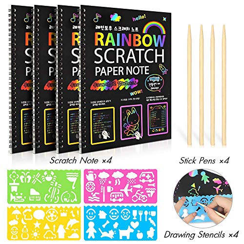 12 Pieces of Set , 4 pck Scratch Arts Drawing Notebook for Kids Drawing Pad, Large Rainbow Scratch Drawing Paper Set for Kids Art Supplies (with 4 Wooden Stylus & 4 Drawing Stencils)