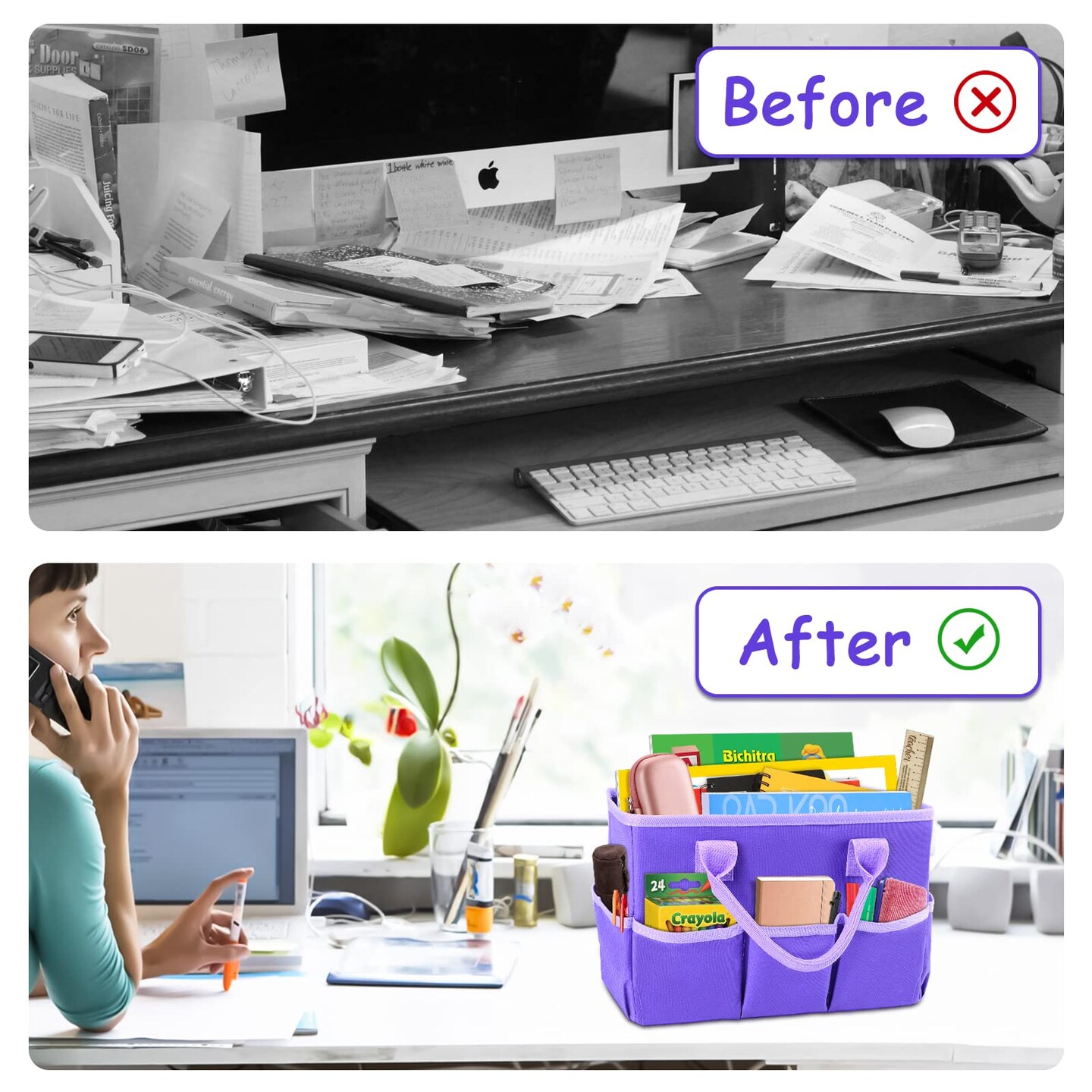 Art Organizer Desktop Craft Storage Tote Bag Organizer for Crafts, Sewing, Paper, Art, Canvas, Supplies Storage Organization with Handles for Travel or Daily Use (Purple, Small)