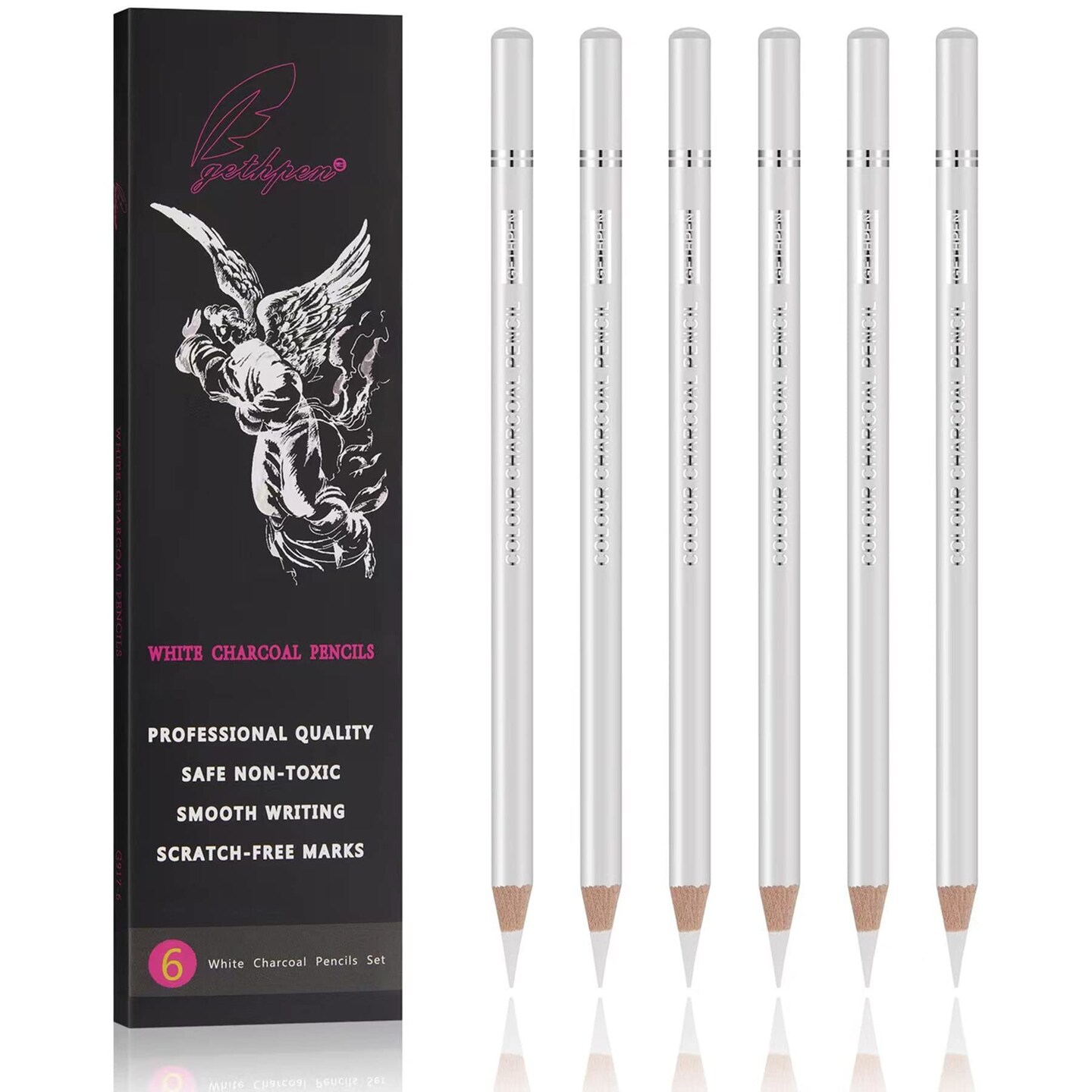GETHPEN Professional White Charcoal Pencils Set - 6 Pieces Sketch Highlight White Pencils for Drawing, Sketching, Shading, Blending, White Chalk Pencils for Beginners &#x26; Artists