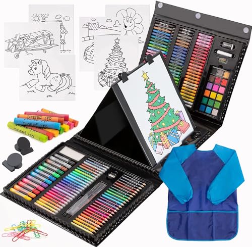 215 Piece Art Set Crafts Drawing Kit with Trifold Easel, Includes Preprinted Paper, Oil Pastels, Crayons, Colored Pencils, Smock &#x26; More Gifts for Girls Boys Teen Ages 4-6-8-9-12