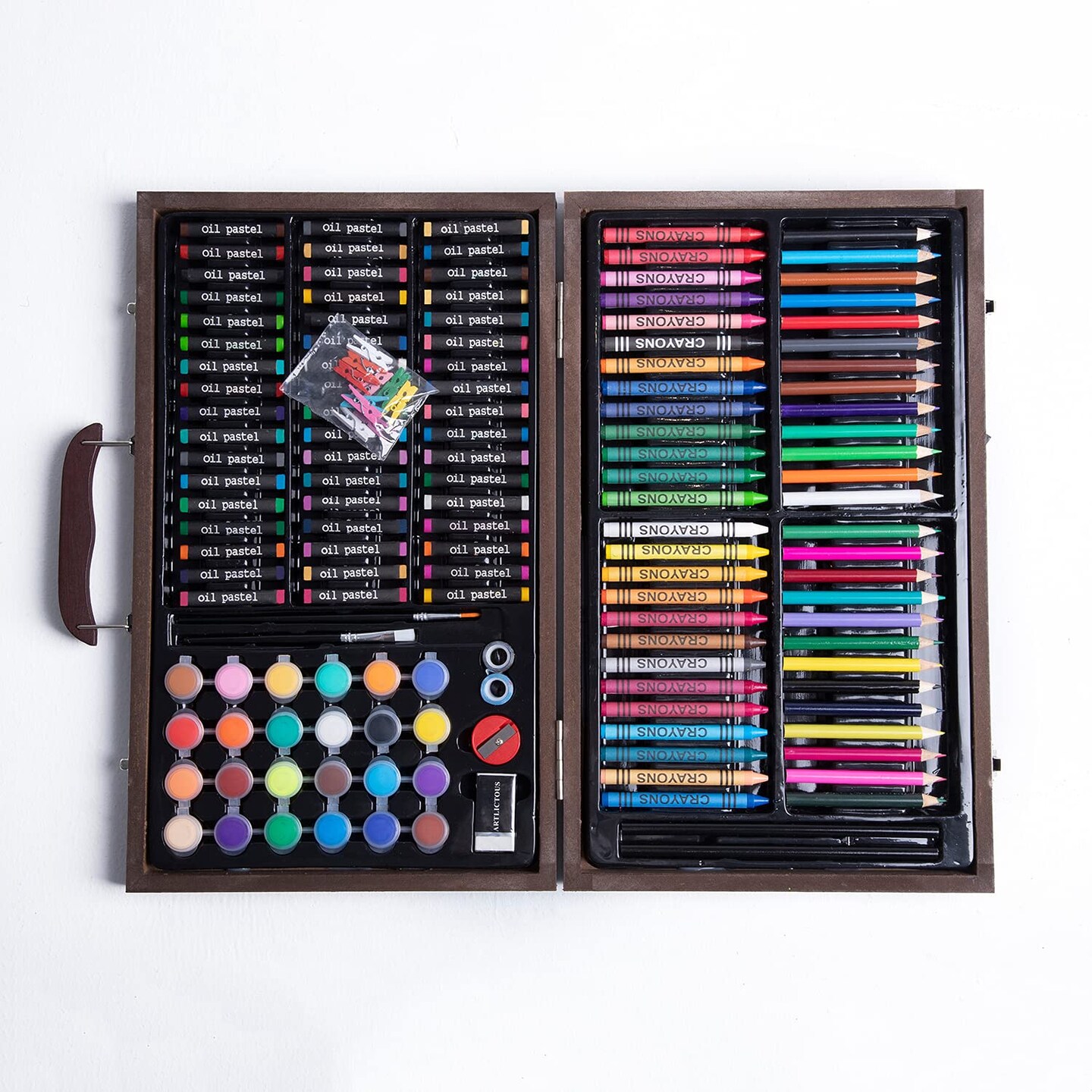 145 Pieces Deluxe Art Set in Portable Wooden Box Drawing Kit Set with Oil Pastels, Crayons, Colored Pencils, Watercolor Cakes, Brushes, Wooden Case Art Supplies (Wooden)