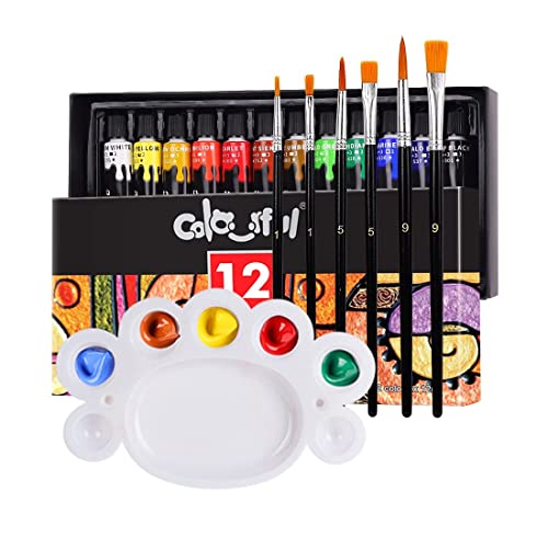 Colorful Acrylic Glass Paint Set with 6 Brushes, 1 Palette, 12 Colors Glass Paints for Wine Glass, Bulb, Waterproof Acrylic Enamel Paint Kit to Create Translucent Arts on Porcelain, Window &#x26; Ceramic