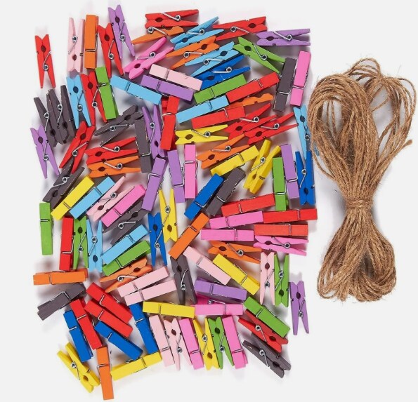 100 Pcs Mini Wooden Clothes Pins with 1.4 inches Jute Twine