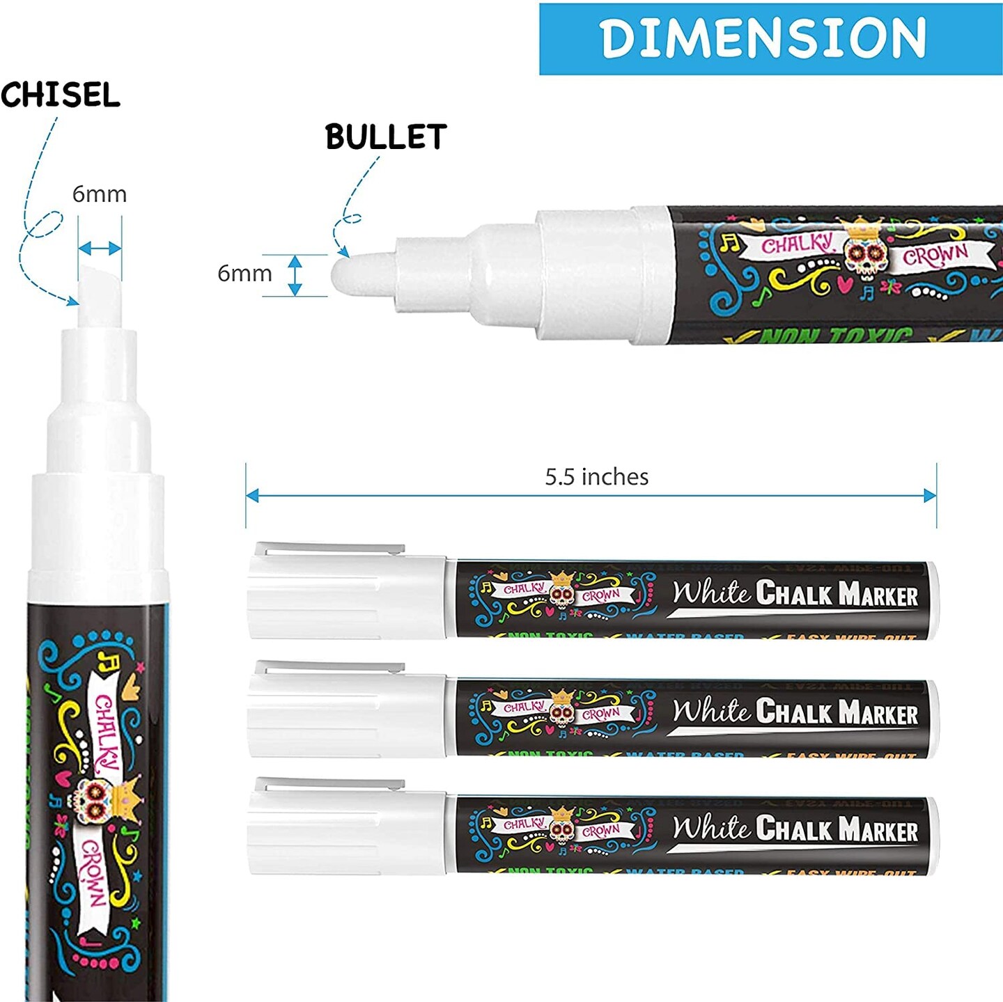 5 Pack Liquid Chalk Marker Pen - White Drawing Chalk - Chalkboard Markers for Chalkboard Signs, Windows, Blackboard, Glass - 6mm Reversible Tip - 24 Chalkboard Labels Included
