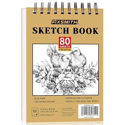FIXSMITH 5.5&#x22;X8.5&#x22; Sketch Book | 80 Sheets (68 lb/100gsm) Sketchbook | Top Spiral Bound Artist Sketch Pad | Acid Free Drawing Pad | Ideal for Kids, Beginners, Artists &#x26; Painters | Bright White