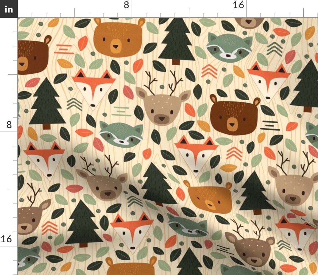 Woodland Creatures Animals Animal Creature Nursery Rustic Forest Cute Kids Room Pine Trees Neutral Custom Printed Fabric by Spoonflower Various Fabrics by the Yard or Fat Quarter