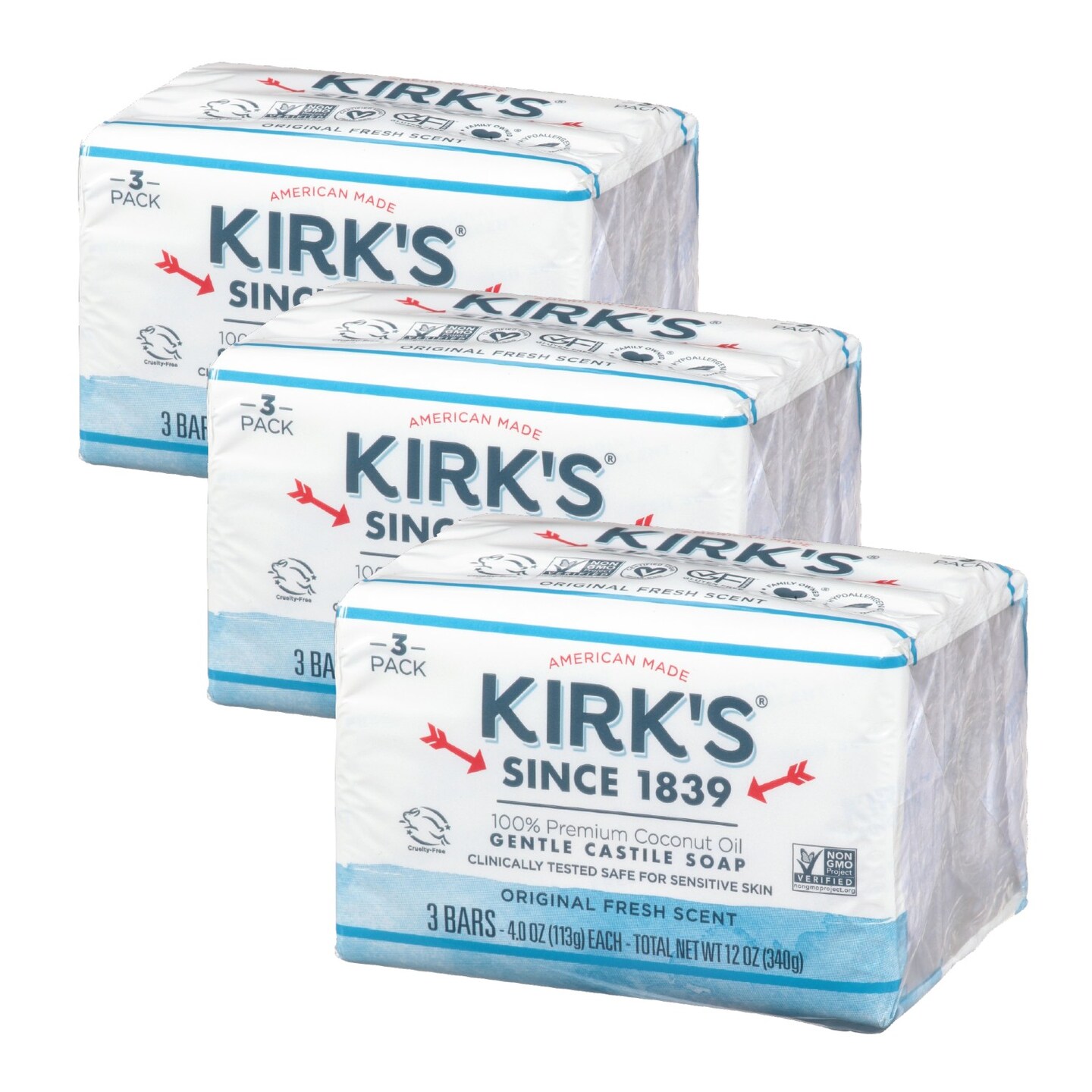 The Original Kirk's Castile Bar Soap Gentle Premium Coconut Oil (Pack of 9)