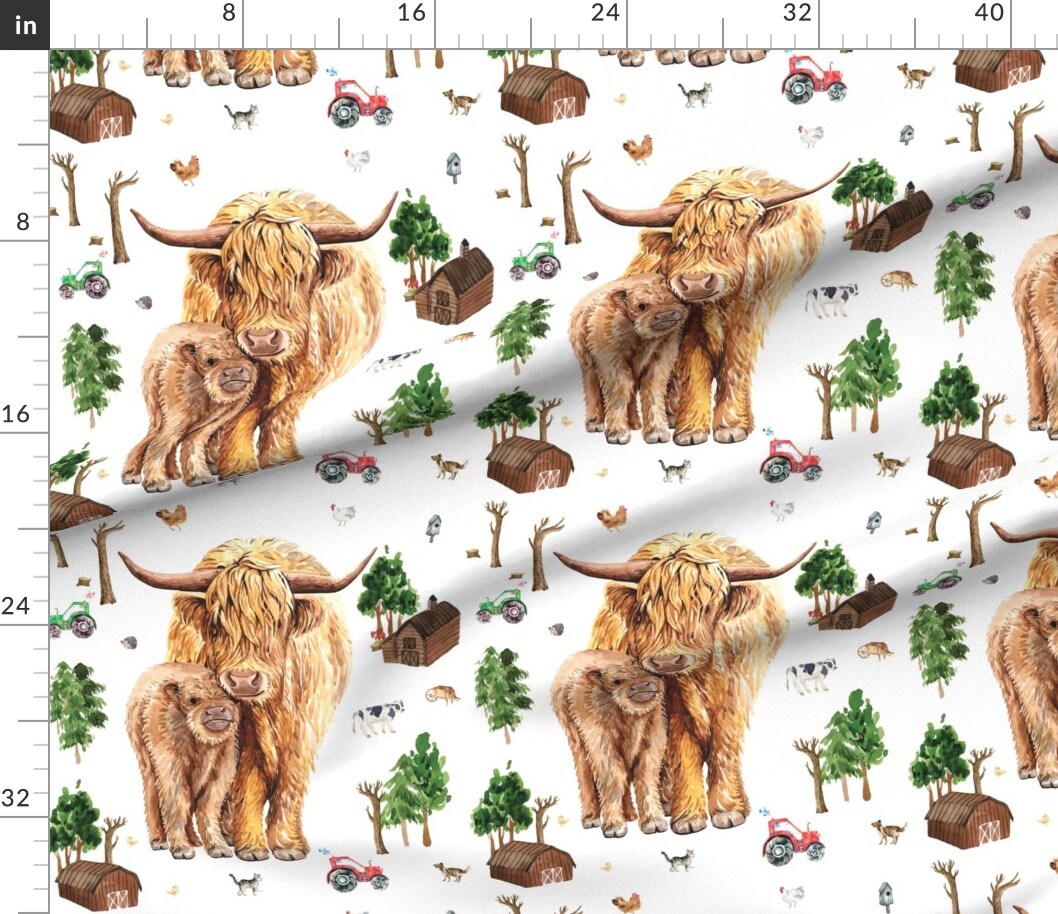 Various Fabrics by the Yard or Fat Quarter Highland Cow Farm 18X18 Calf Floral Scottish Custom Printed Fabric by Spoonflower