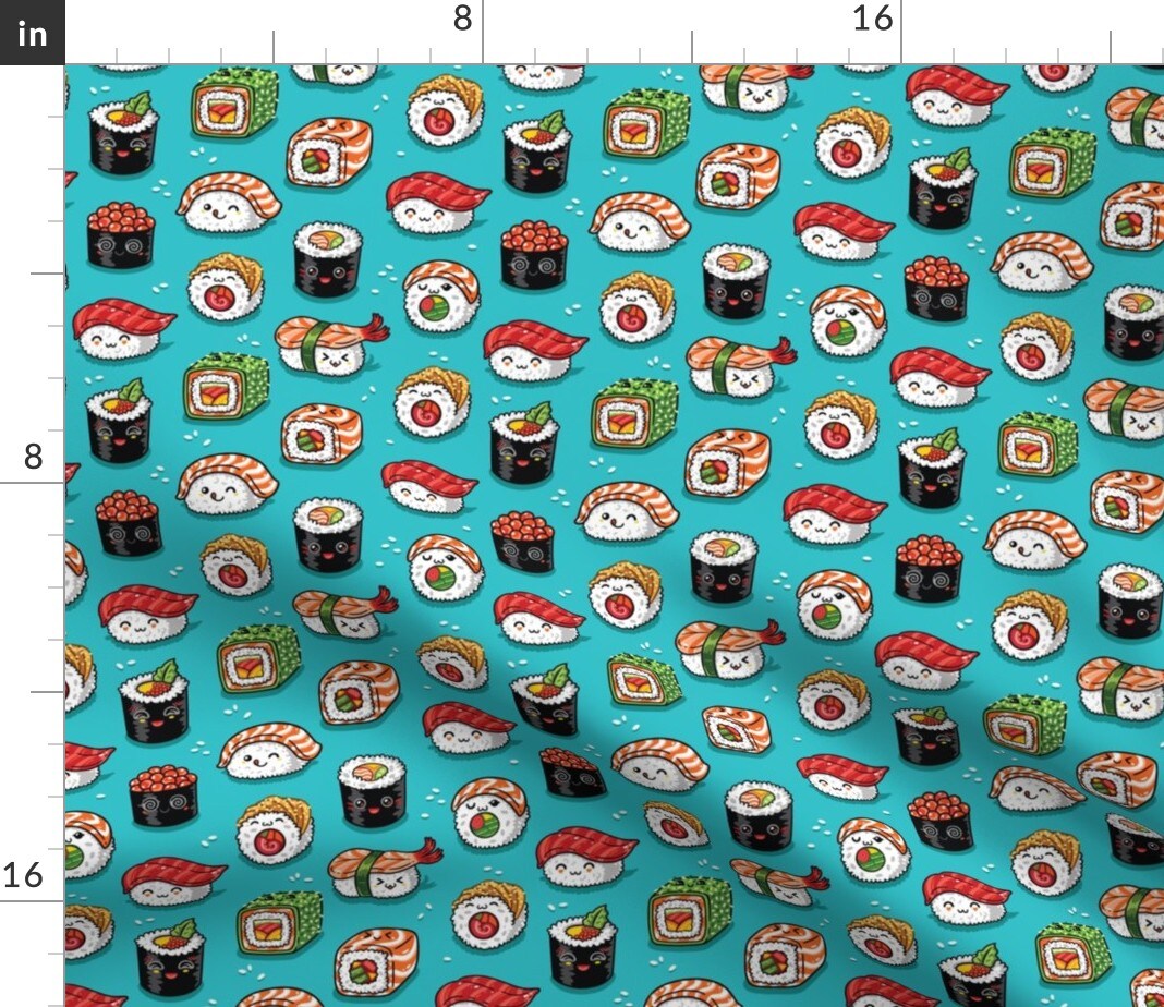 Kawaii, Cute, Sushi, Food Print, Japanese, Aqua Blue, Fish, Cartoon Custom Printed Fabric by Spoonflower Various Fabrics by the Yard or Fat Quarter
