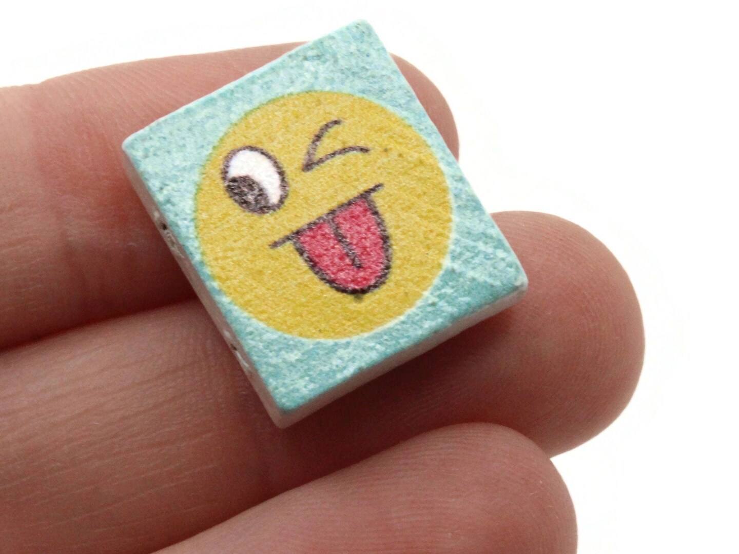 15 20mm Blue and Yellow Winking Wooden Happy Face Rectangle Beads - Two Hole Emoji Beads