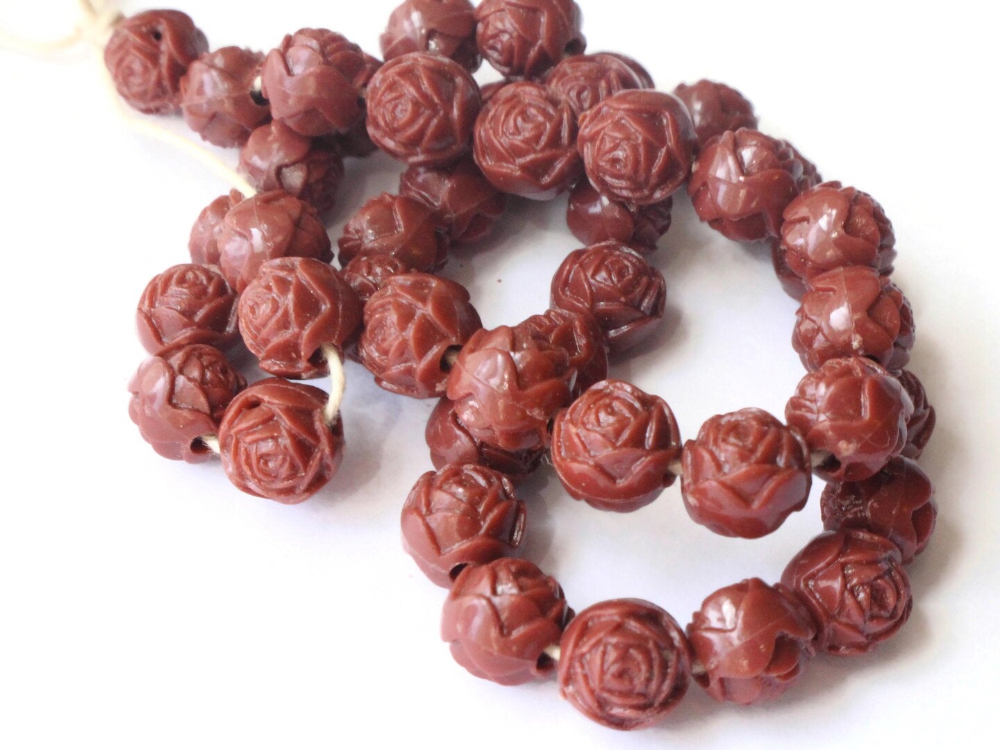 44 8mm Brown Pressed Rose Beads Full Strand Vintage Pressed Plastic Bead