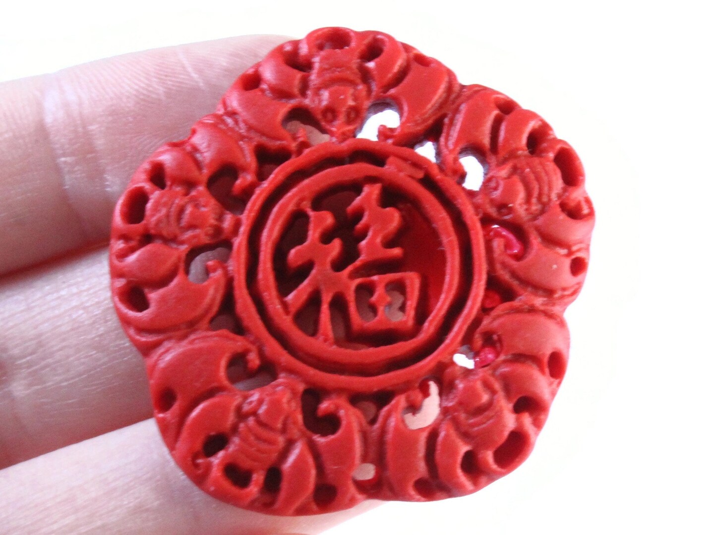 Carved Cinnabar Flower Pendant - Two Hole Focal Bead
