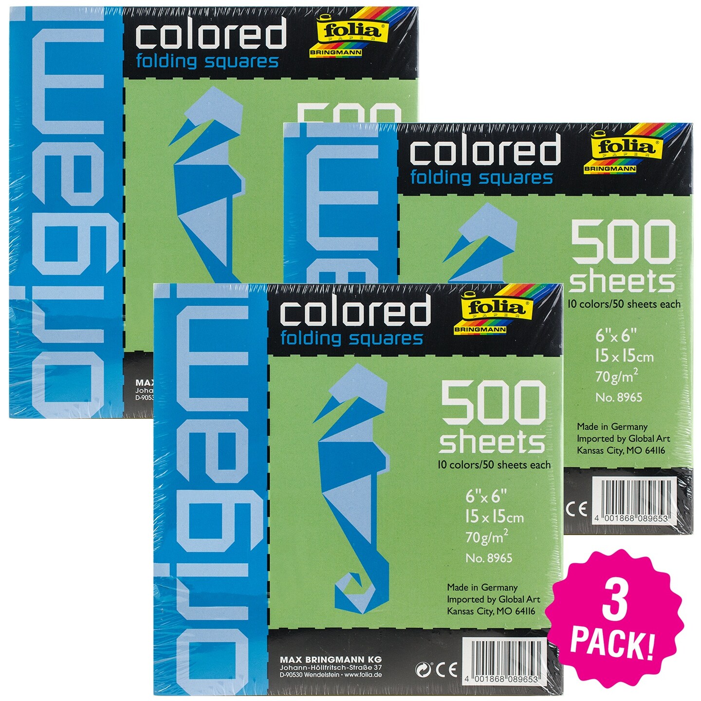 Multipack of 3 - Folia Solid Origami Paper 6&#x22;X6&#x22; 500/Pkg-Assorted Colors