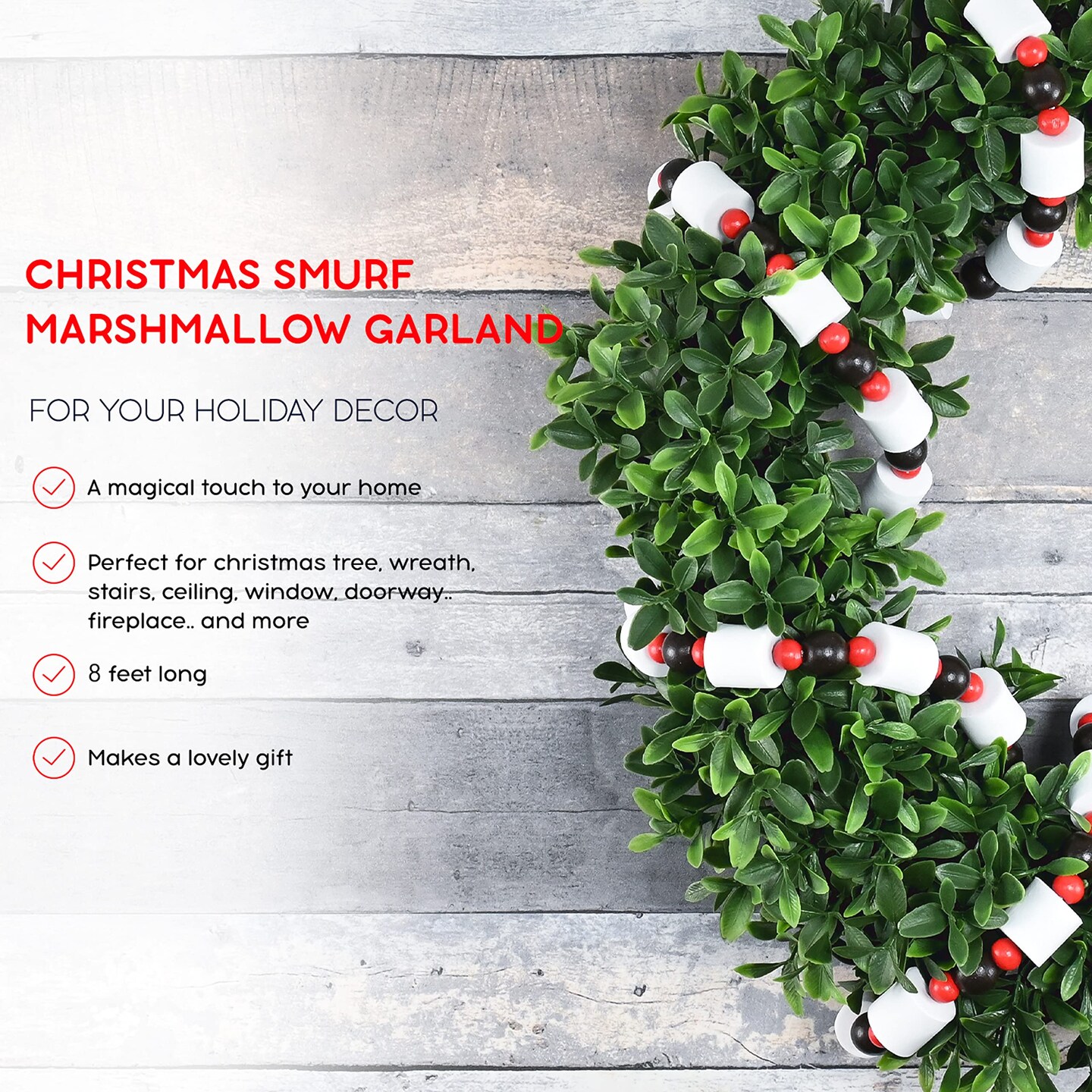 Ornativity Holiday Marshmallow Candy Garland - Rustic Christmas Wooden Farmhouse Country Wood Beaded Home and Holiday Garland Tree Decorations Boho Strand of Beads