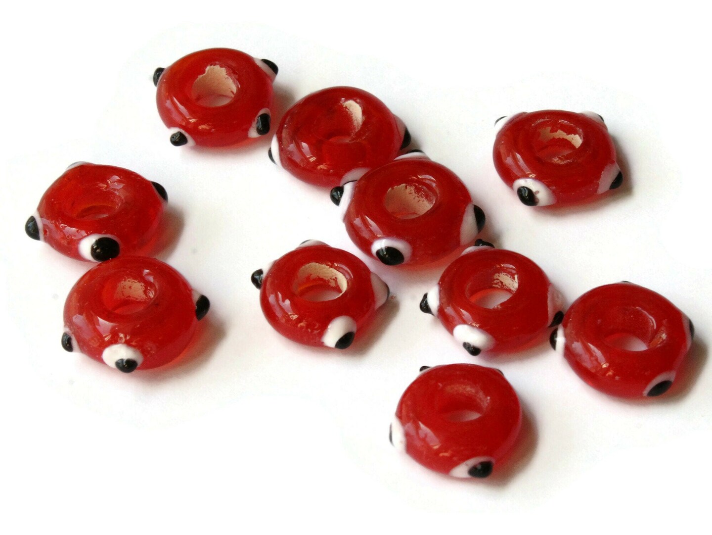 10 Red Evil Eye Beads Lampwork Glass Large Hole Beads