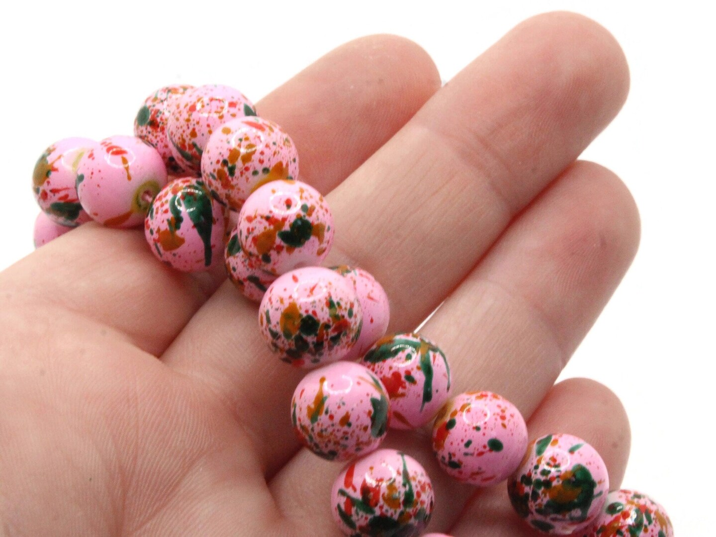 40 10mm Pink with Red and Green Splatter Paint Smooth Round Glass Beads