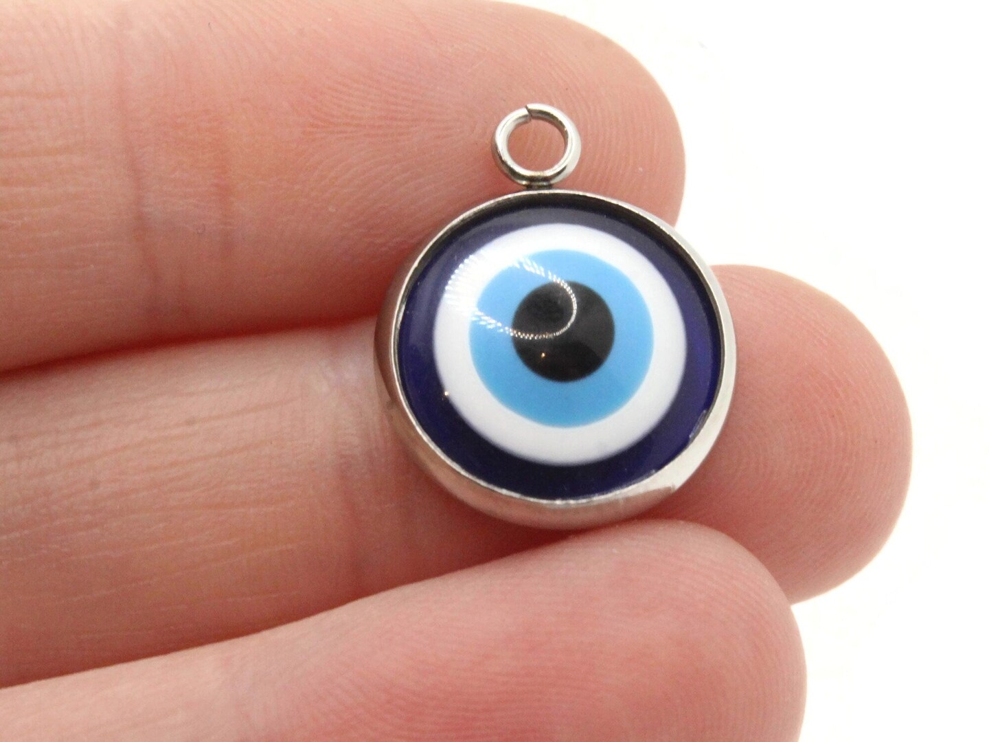 2 19.5mm Blue Evil Eye Pendants Resin and Silver 304 Stainless Steel Charms
