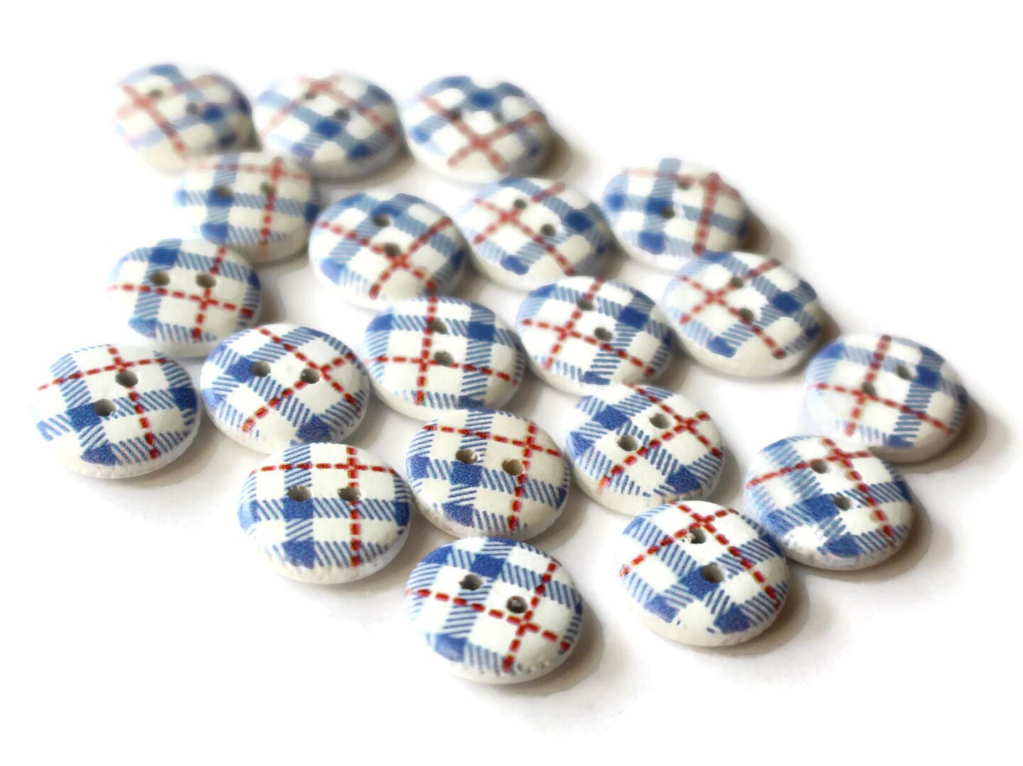 20 13mm Two Hole Blue Tartan Plaid Buttons Round Wooden Buttons Wood Buttons