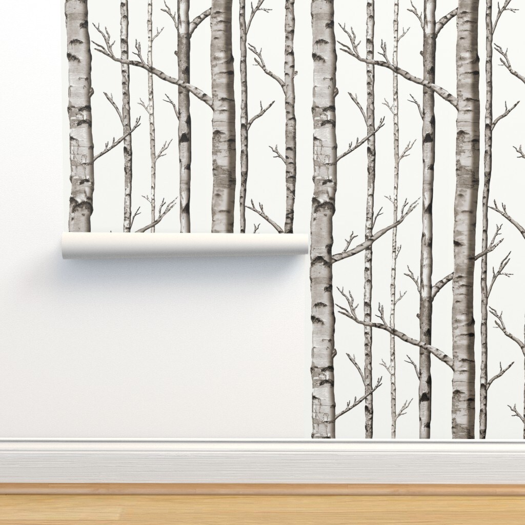 Smaller Scale Birch Grove Warm Gray White Forest Black Modern Woods Aspen Custom Removable Wallpaper by Spoonflower Peel & Stick Wallpaper 2FT Wide