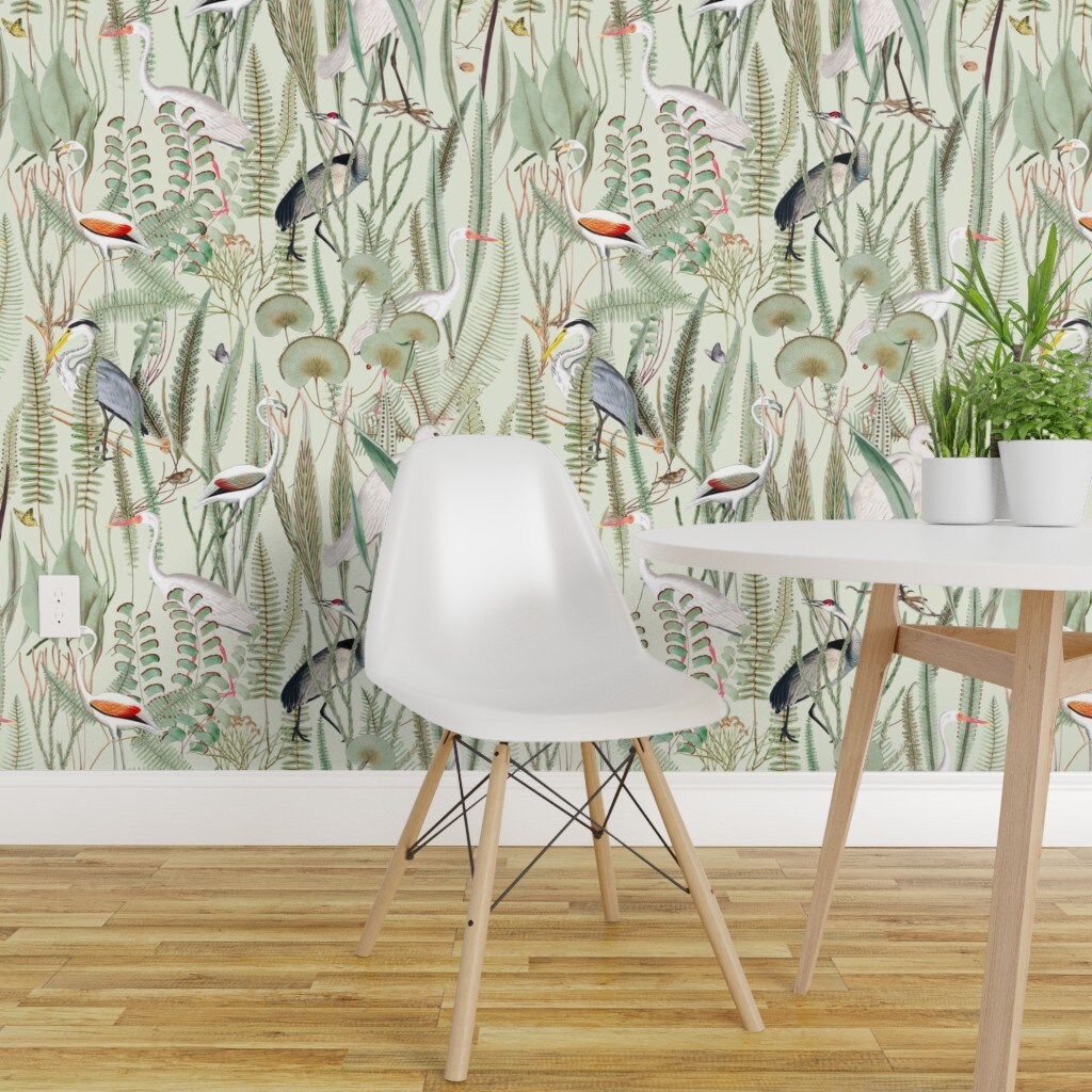 Pre-Pasted Wallpaper 2FT Wide Vintage Leaves Butterfly Nature Birds Woodland Custom Pre-pasted Wallpaper by Spoonflower