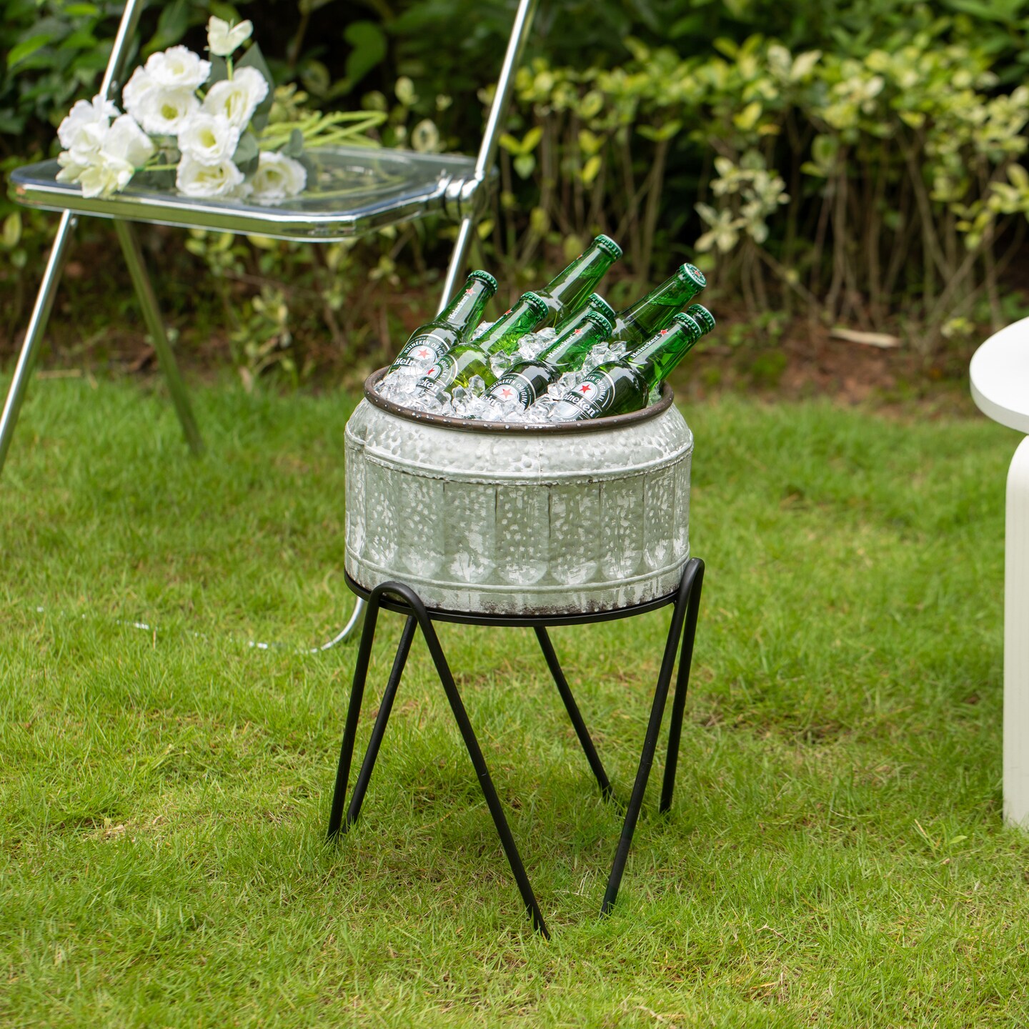 Silver Galvanized Metal Ice Bucket Beverage Cooler Tub with Stand