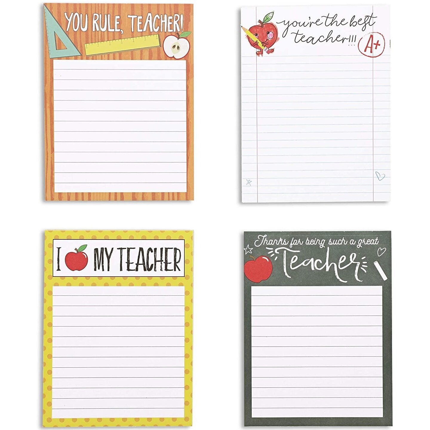 4 Pack Lined Notepads for Teacher Appreciation Gifts, School, Classroom Supplies, 4 Designs, 50 Sheets Each (4 x 5 In)