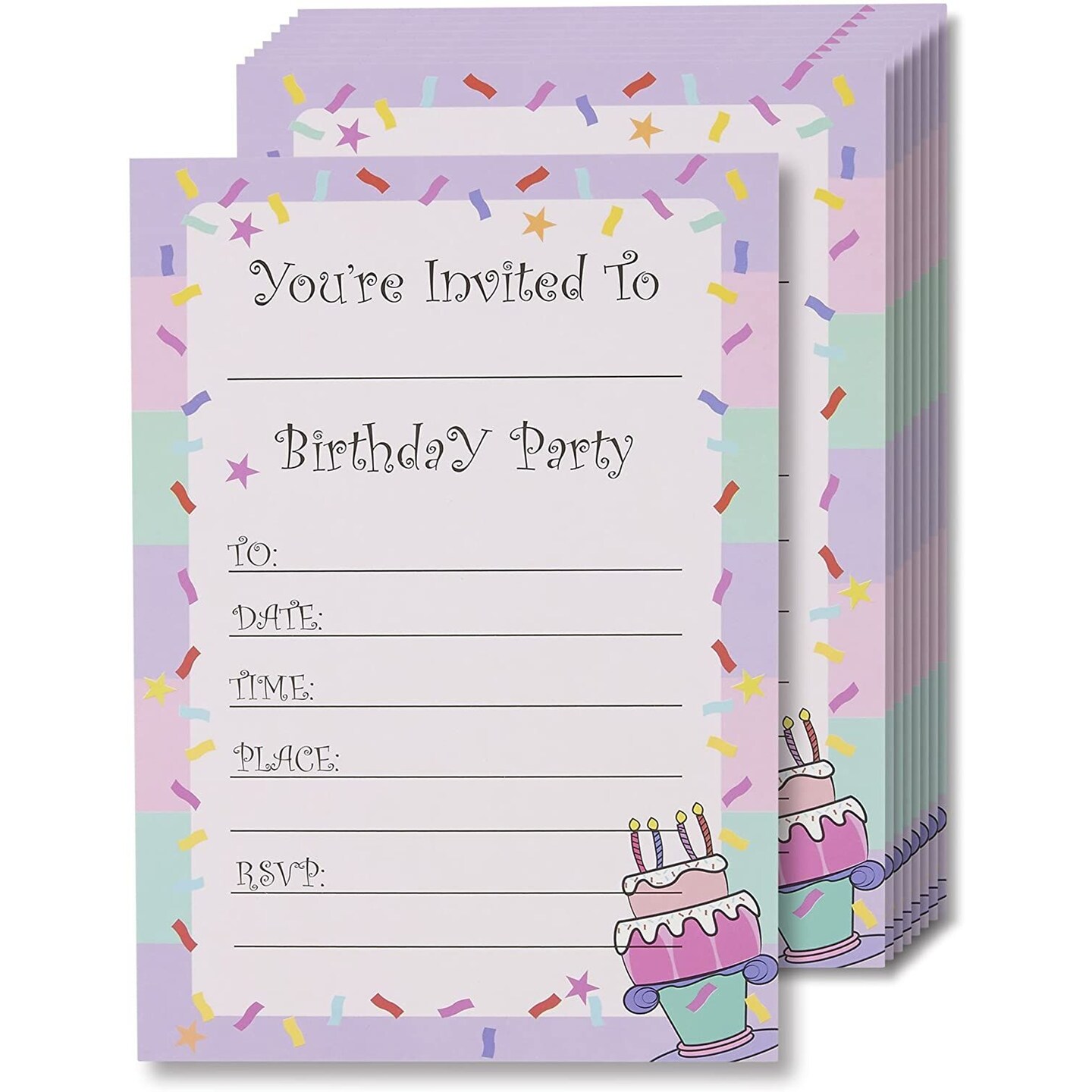 Invitation Cards &#x2013; 24-Pack Birthday Party Invitation Cards, Fill-in Invitations with Envelopes, Confetti Designs, 5 x 7 Inches