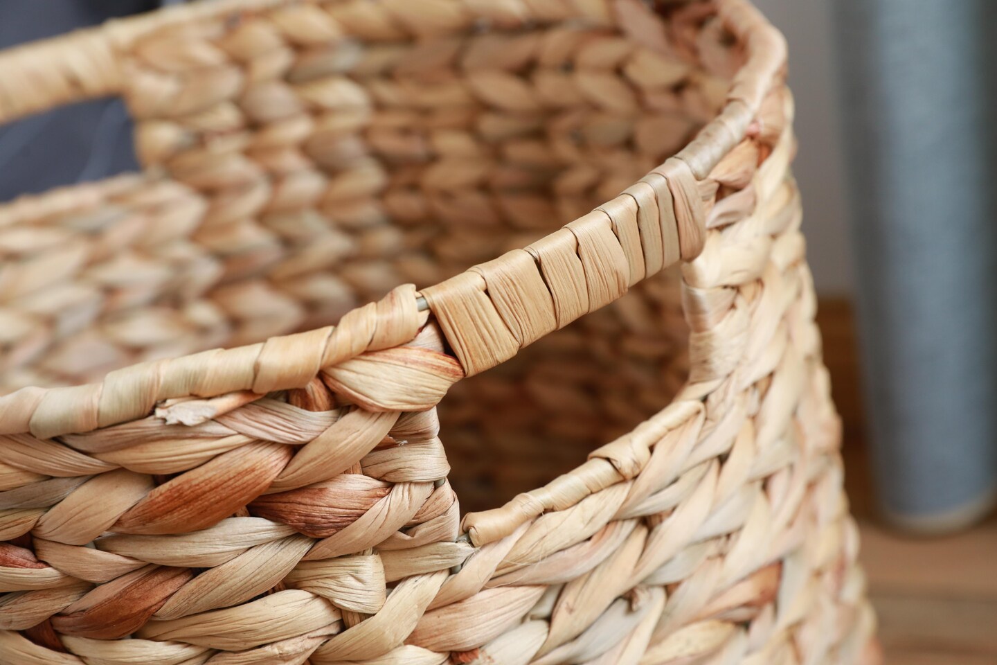 Large Round Water Hyacinth Wicker Basket with Handles - Handwoven Trash Bin