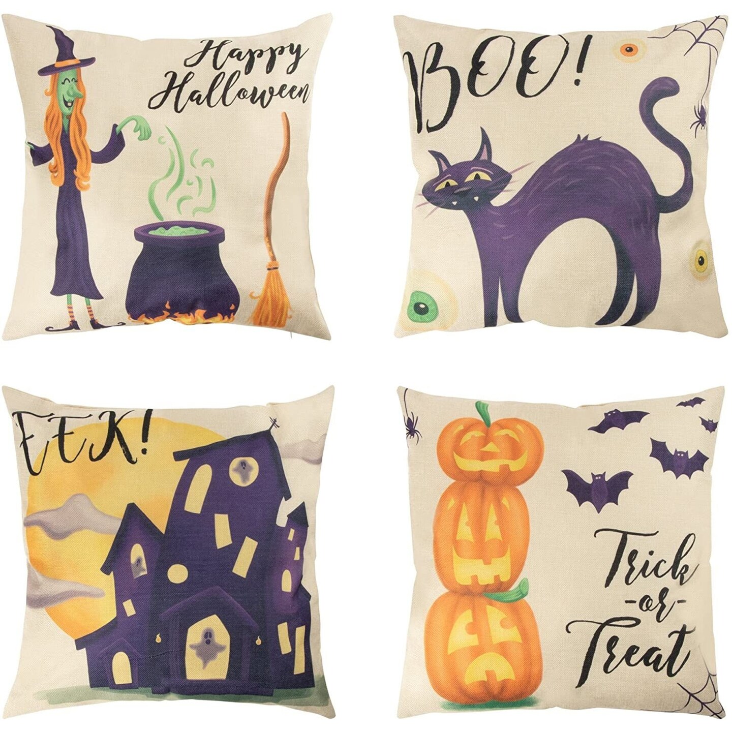 Set of 4 Halloween Trick or Treat Pillow Covers 18 x 18 with 4