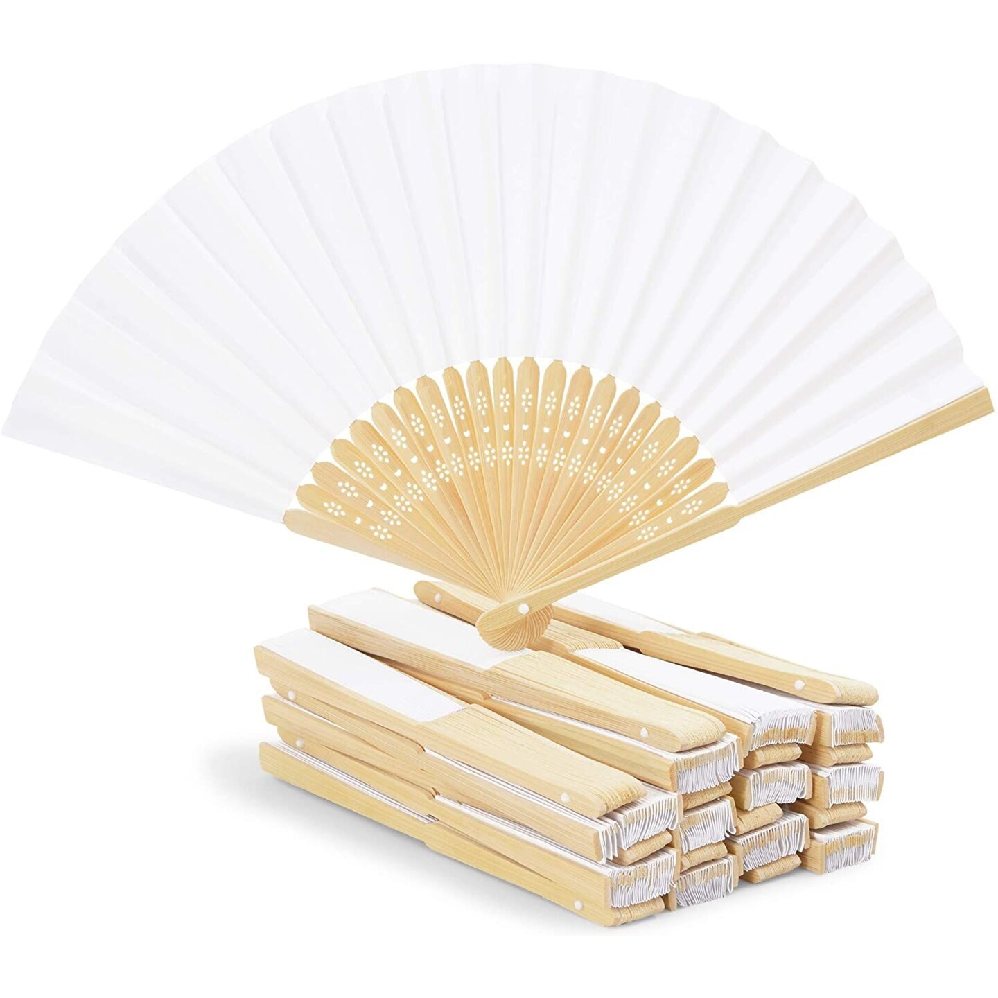 Bamboo Folding Fans for Wedding, Handheld (White, 24 Pack)