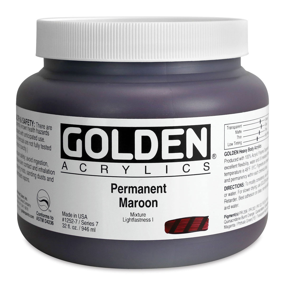 Golden Heavy Body Artist Acrylics - Permanent Maroon, 32 oz Jar