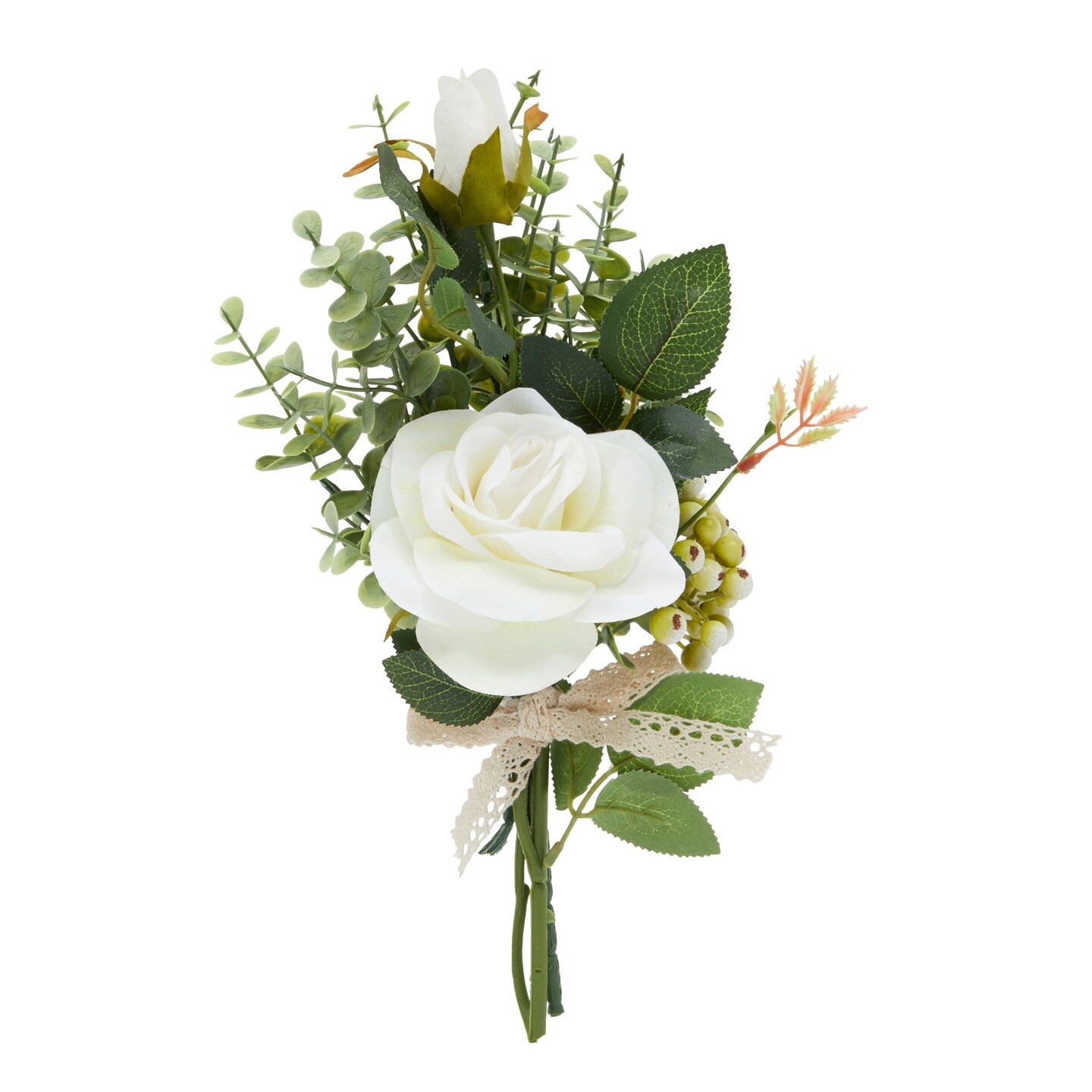 White Rose and Eucalyptus Flower Bouquet, Artificial Floral Arrangement (14 x 7 In)