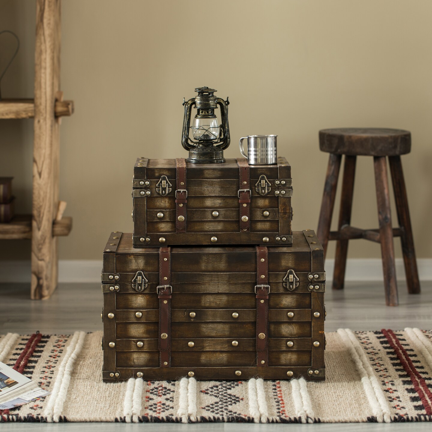Wooden Brown Storage Trunk with Faux Leather Straps and Handles