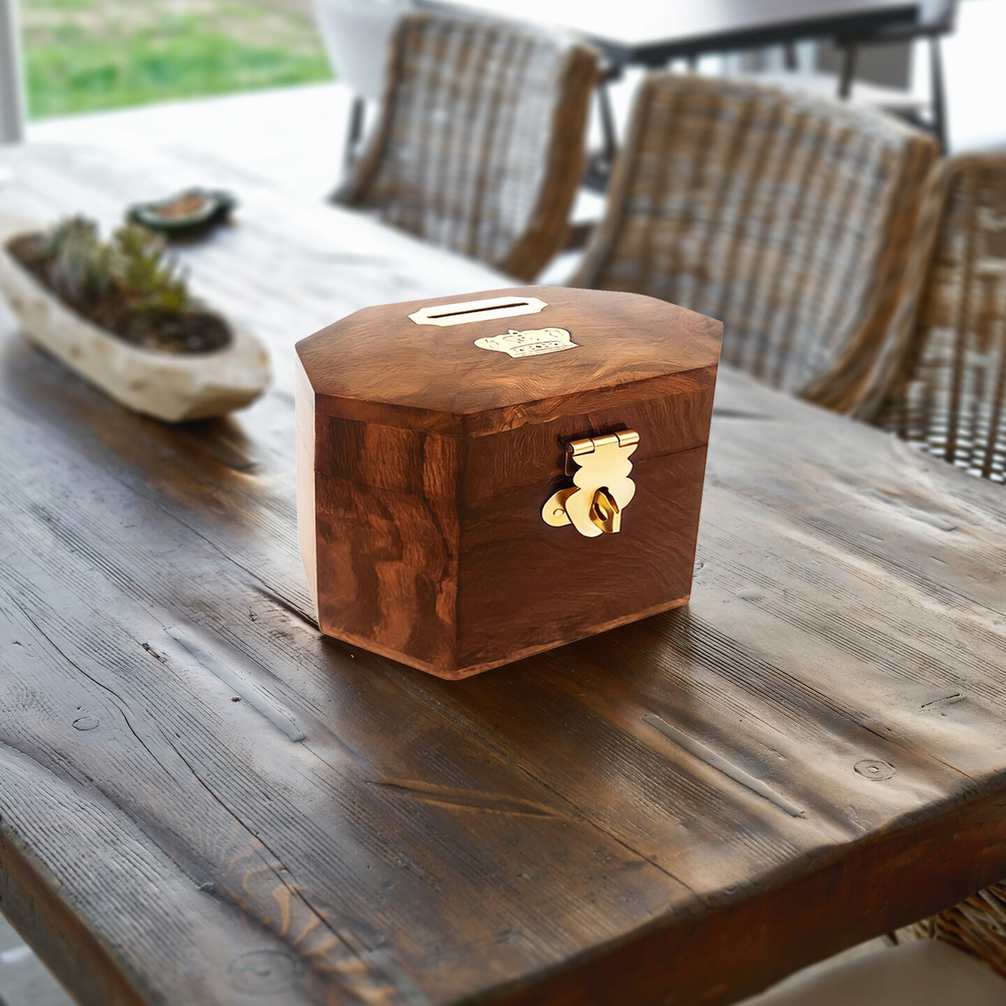Wooden Decorative Coin Bank Money Saving Box Secured with Lockable Latch
