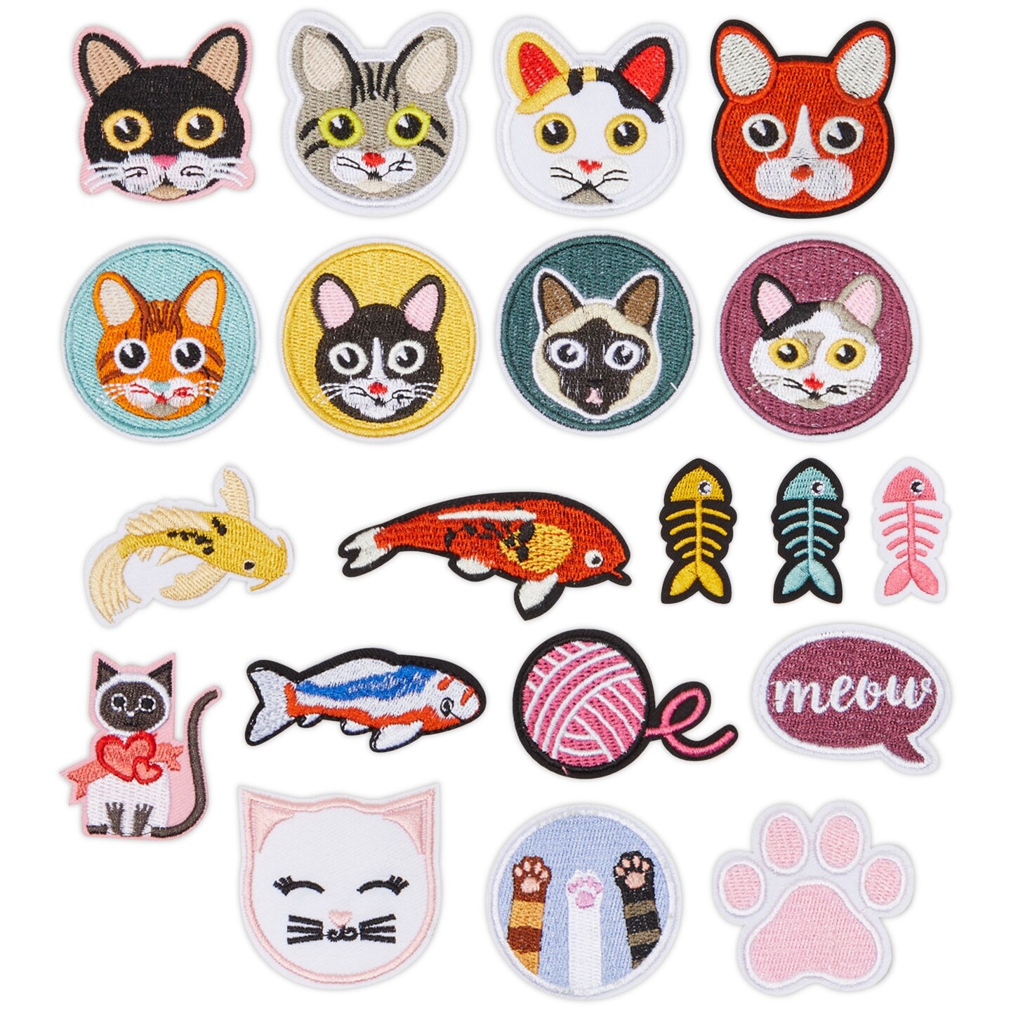 Cat and Fish Iron On Patches (20 Piece Set) Cute Embroidered Applique Sew On Clothing, Backpacks, Hats, Jackets